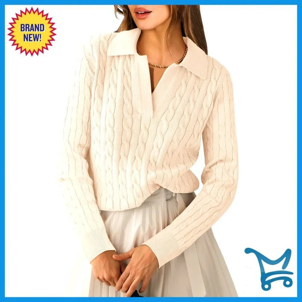 V Neck Cable Knit Sweater Long Sleeve Pullover Casual Polo Top Fall Fashion